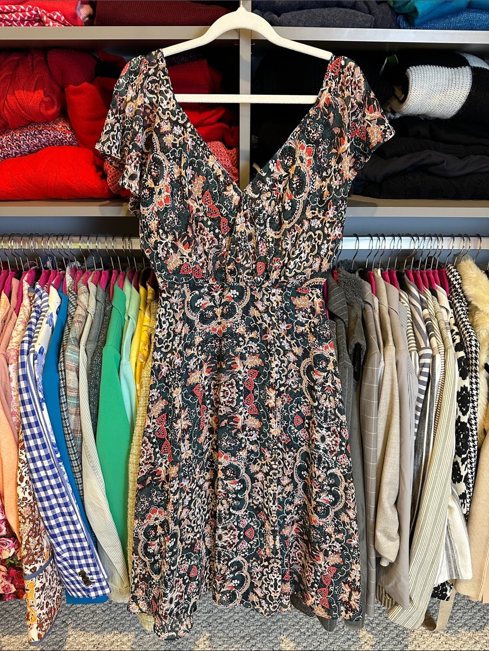 Lulus green/peach print sleeveless back zipper closure lined v neck dress XS